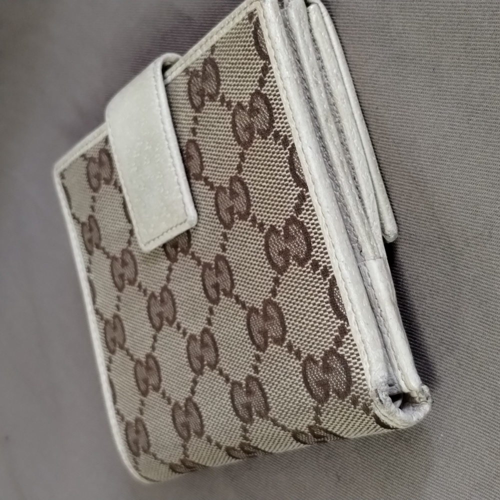 GUCCI BROWN/TAN MONOGRAM CANVAS & CREAM LEATHER WALLET ~ AUTHENTIC ~ GOOD COND